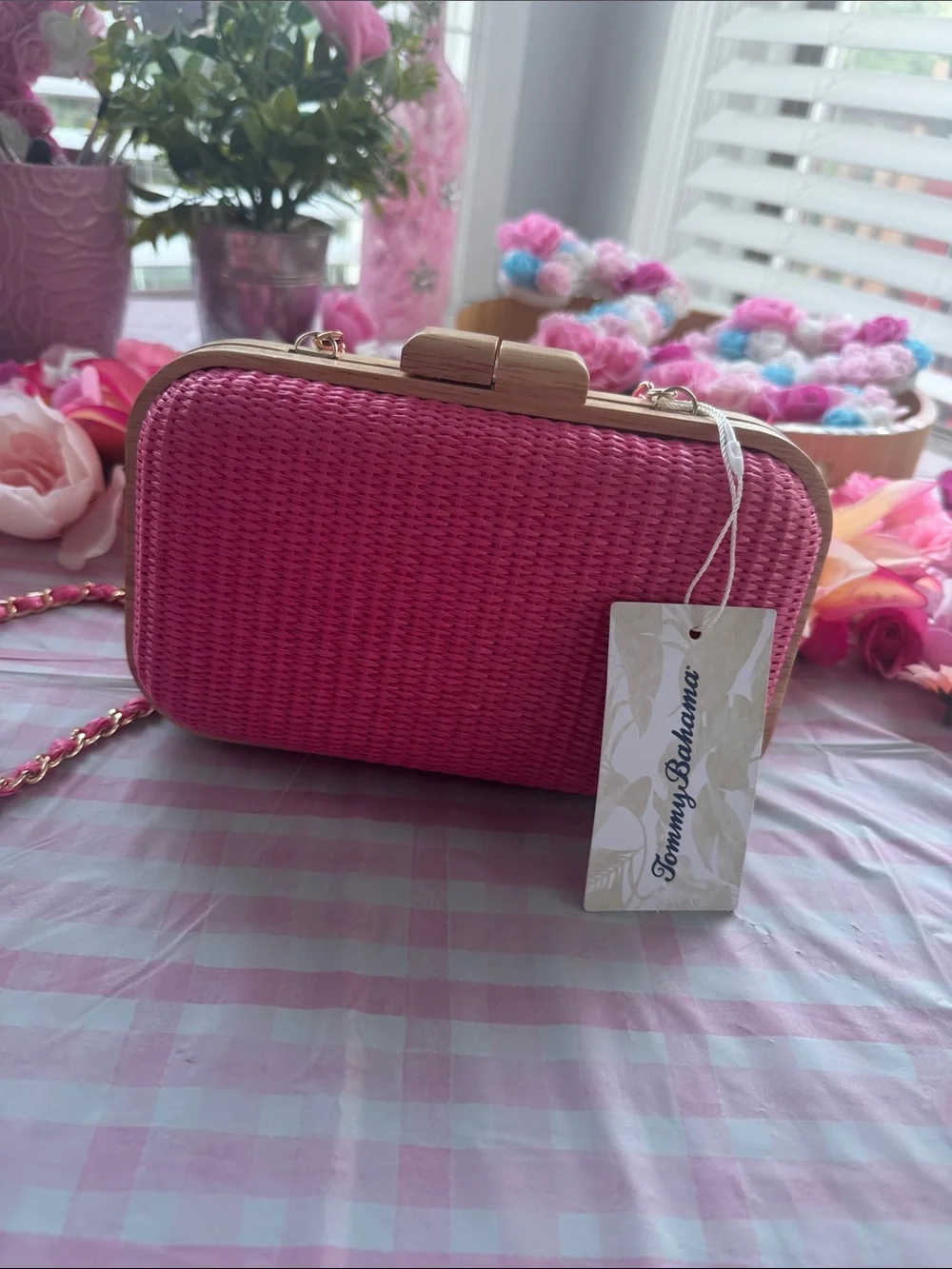 Tommy Bahama Hot Pink Woven Clutch with Gold Trim